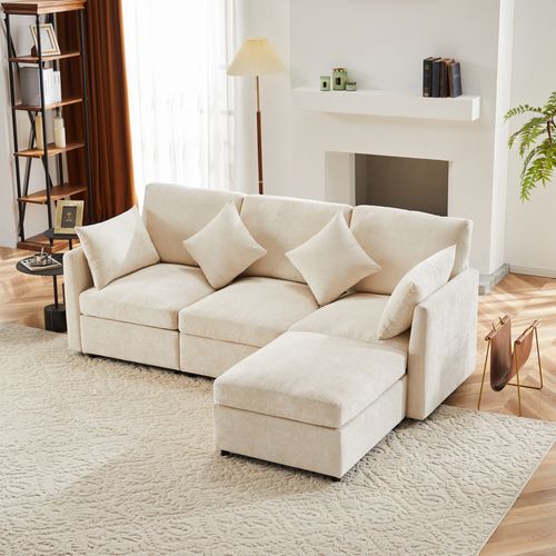 Canapé D'angle L 4 Places - Modulable - Repose-pieds - Chenille - Beige