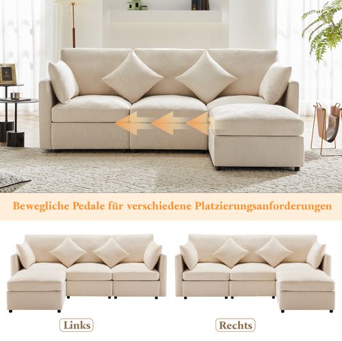 Canapé D'angle L 4 Places - Modulable - Repose-pieds - Chenille - Beige