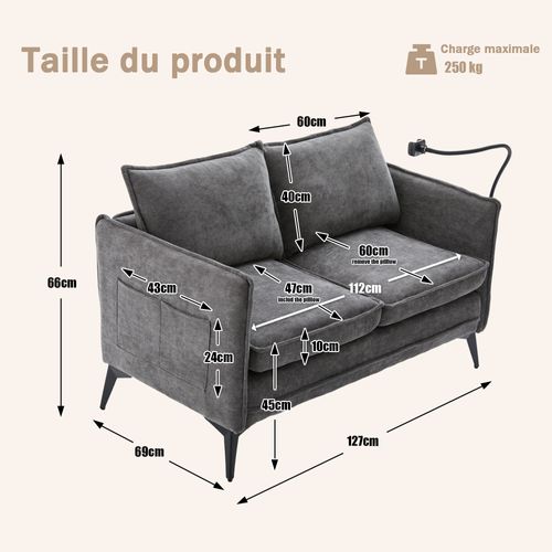 Canapé Moderne 2 Places - Chenille Grise, Accoudoirs, Pochette, Support Téléphone