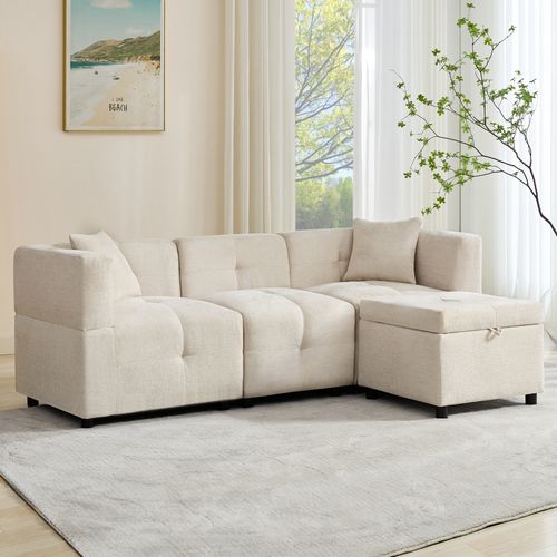Canapé Coffre 3 Places - Modulable - Rangement Intégré - Coussins - Chenille - Beige