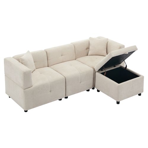 Canapé Coffre 3 Places - Modulable - Rangement Intégré - Coussins - Chenille - Beige