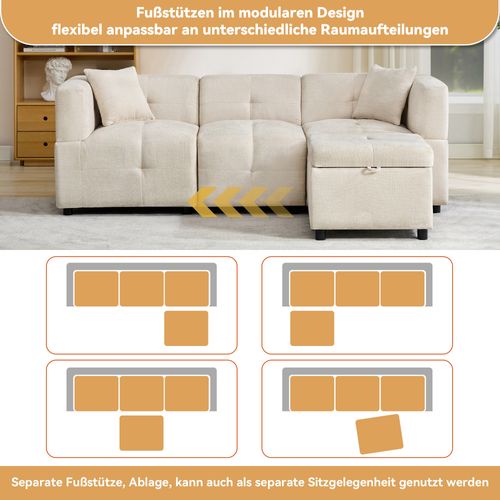 Canapé Coffre 3 Places - Modulable - Rangement Intégré - Coussins - Chenille - Beige