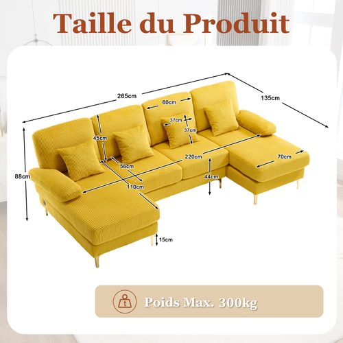 Canapé D'angle 4 Places - LED - USB-c - Style Moderne - 4 Coussins - Velours - Jaune