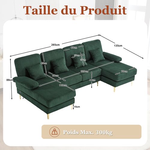 Canapé D'angle 4 Places - LED - USB-c - Style Moderne - 4 Coussins - Velours - Émeraude