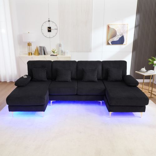 Canapé D'angle 4 Places - LED - USB-c - Style Moderne - 4 Coussins - Velours - Noir