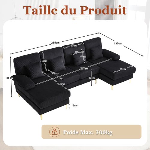 Canapé D'angle 4 Places - LED - USB-c - Style Moderne - 4 Coussins - Velours - Noir