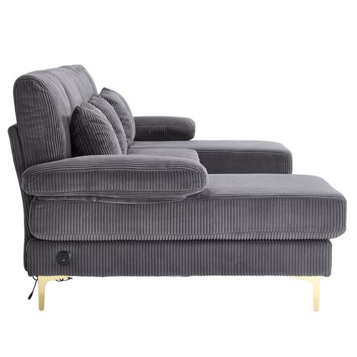 Canapé D'angle 4 Places - LED - USB-c - Style Moderne - 4 Coussins - Velours - Gris