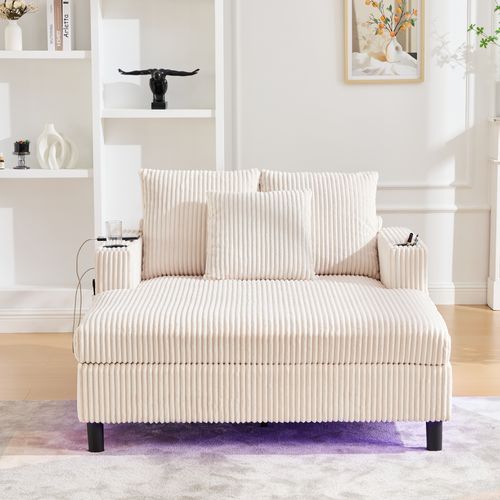 Méridienne 2 Places Avec Ports USB Et Éclairage LED, Porte-gobelets Latéraux - Velours - Beige