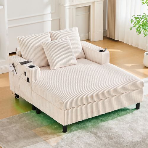 Méridienne 2 Places Avec Ports USB Et Éclairage LED, Porte-gobelets Latéraux - Velours - Beige