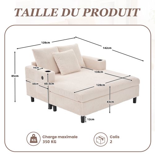 Méridienne 2 Places Avec Ports USB Et Éclairage LED, Porte-gobelets Latéraux - Velours - Beige