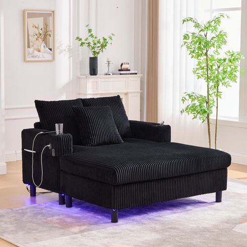 Méridienne 2 Places Avec Ports USB Et Éclairage LED, Porte-gobelets Latéraux - Velours - Noir