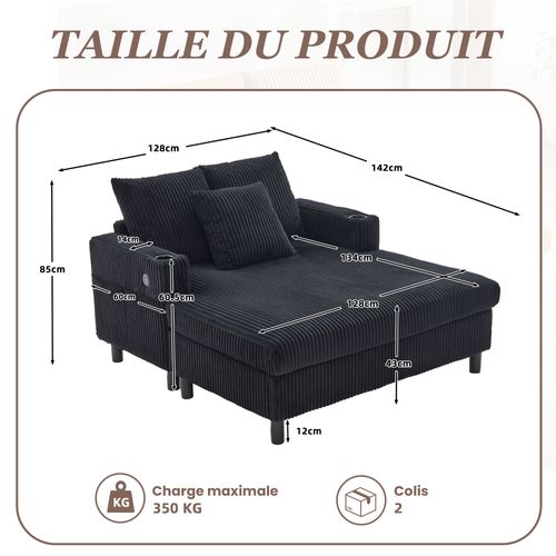 Méridienne 2 Places Avec Ports USB Et Éclairage LED, Porte-gobelets Latéraux - Velours - Noir