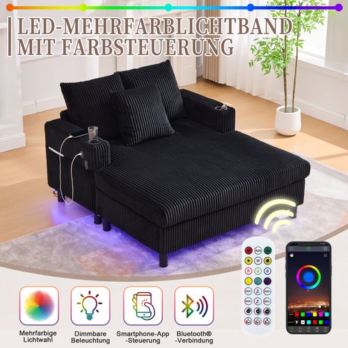 Méridienne 2 Places Avec Ports USB Et Éclairage LED, Porte-gobelets Latéraux - Velours - Noir