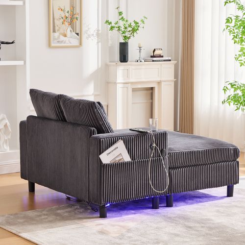 Méridienne 2 Places Avec Ports USB Et Éclairage LED, Porte-gobelets Latéraux - Velours - Gris Foncé