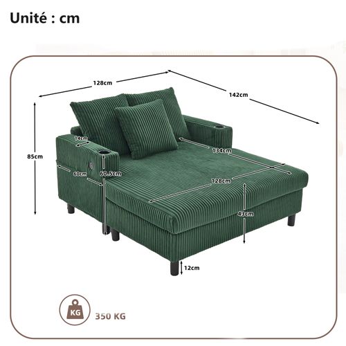 Méridienne 2 Places Avec Ports USB Et Éclairage LED, Porte-gobelets Latéraux - Velours - Émeraude