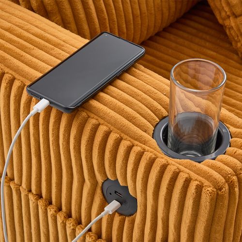 Méridienne 2 Places Avec Ports USB Et Éclairage LED, Porte-gobelets Latéraux - Velours - Jaune