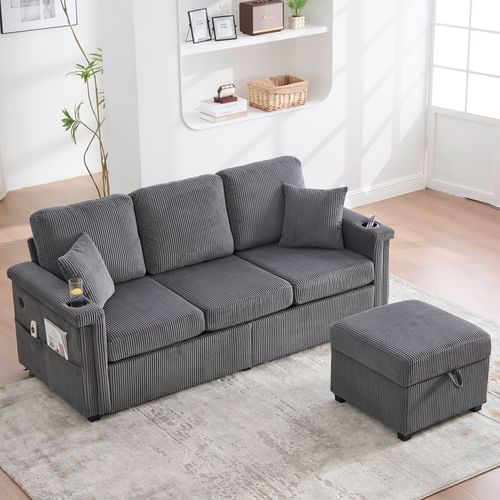 Canapé 3 Places - Rangement - LED - Porte-gobelet - Velours - Gris Foncé