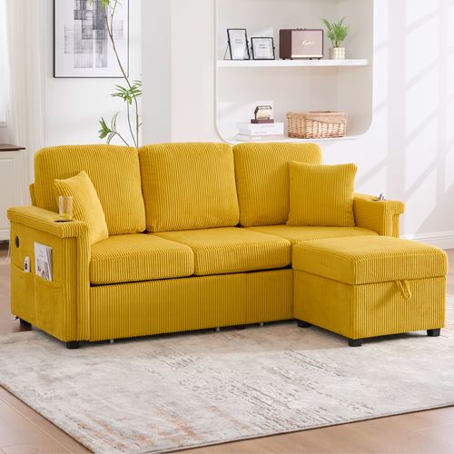 Canapé 3 Places - Rangement - LED - Porte-gobelet - Velours - Jaune Moutarde