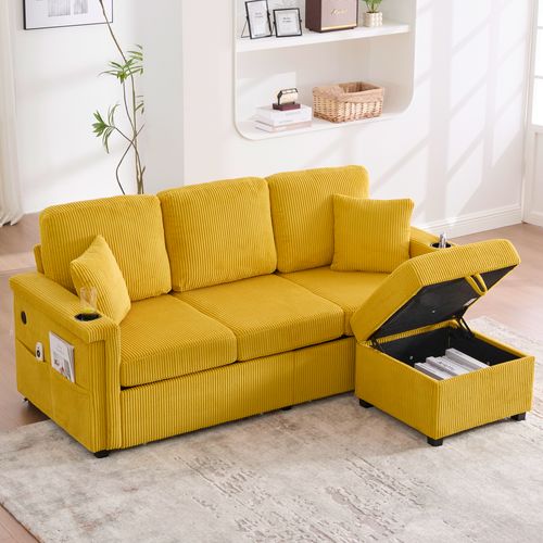 Canapé 3 Places - Rangement - LED - Porte-gobelet - Velours - Jaune Moutarde