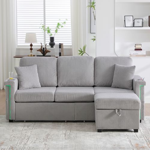 Canapé 3 Places - Rangement - LED - Porte-gobelet - Velours - Gris Clair