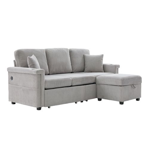 Canapé 3 Places - Rangement - LED - Porte-gobelet - Velours - Gris Clair