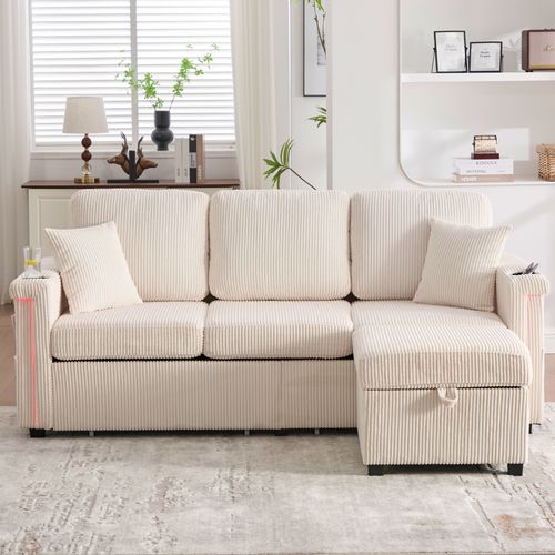 Canapé 3 Places - Rangement - LED - Porte-gobelet - Velours - Beige