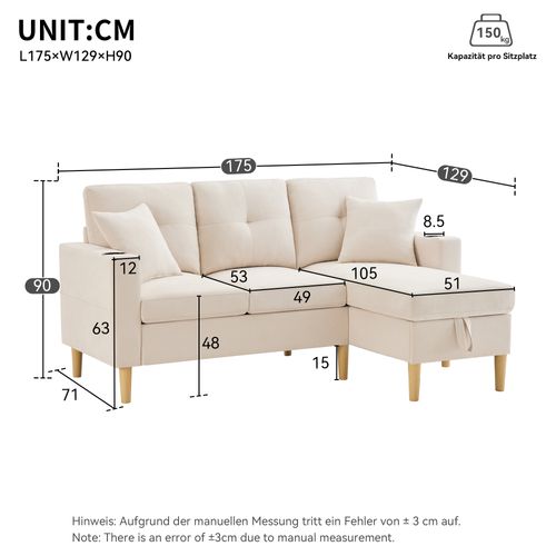 Canapé D'angle 3 Places - Rangement - 2 Coussins - Coton-lin - Beige