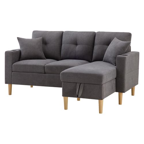 Canapé D'angle 3 Places  - Rangement - 2 Coussins - Coton-lin - Gris Foncé