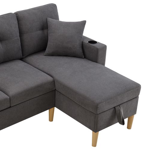 Canapé D'angle 3 Places  - Rangement - 2 Coussins - Coton-lin - Gris Foncé