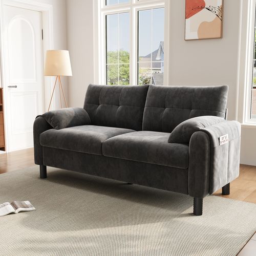 Canapé 2 Places Scandinave - Coussin Semi-ferme - Structure Bois Et Fer - Tissu Chenille - Gris