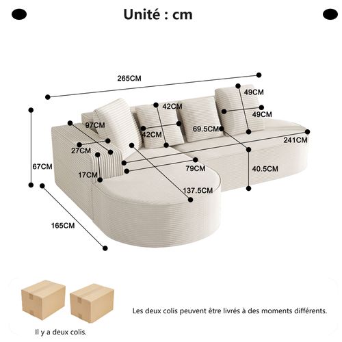 Canapé compressé sans structure en velours côtelé, combiné en L, assise profonde- Blanc