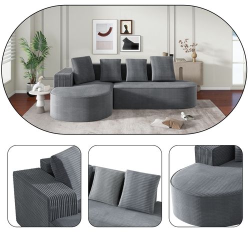 Canapé compressé sans structure en velours côtelé, combiné en L, assise profonde - Gris