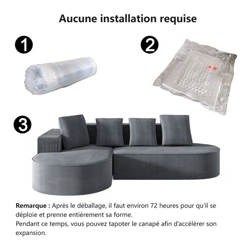 Canapé compressé sans structure en velours côtelé, combiné en L, assise profonde - Gris