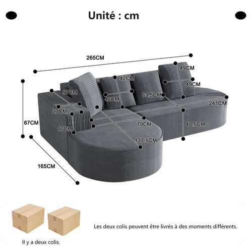 Canapé compressé sans structure en velours côtelé, combiné en L, assise profonde - Gris