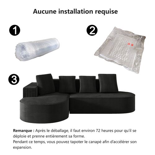 Canapé compressé sans structure en velours côtelé, combiné en L, assise profonde- Noir