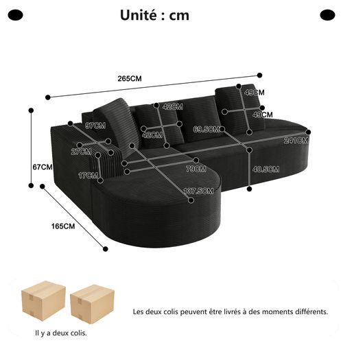 Canapé compressé sans structure en velours côtelé, combiné en L, assise profonde- Noir