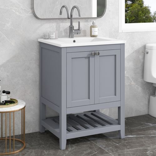 Meuble Sous-vasque Avec Vasque Céramique, Design Moderne En Pin Et Mdf, Gris