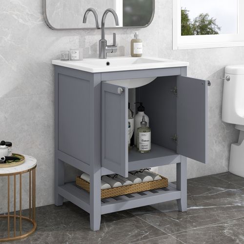 Meuble Sous-vasque Avec Vasque Céramique, Design Moderne En Pin Et Mdf, Gris