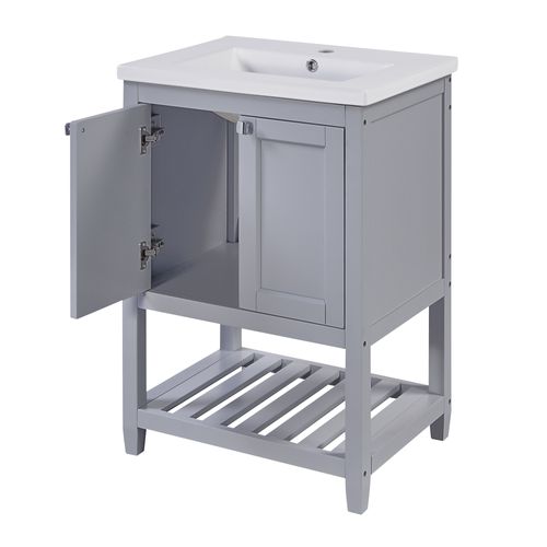 Meuble Sous-vasque Avec Vasque Céramique, Design Moderne En Pin Et Mdf, Gris