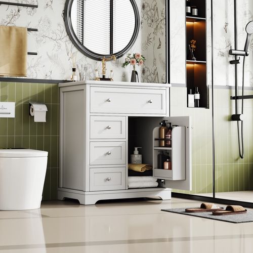 Meuble De Salle De Bain 1 Porte Et 3 Tiroirs Avec Lavabo Intégré Et Étagère Ajustable, Mdf, Blanc