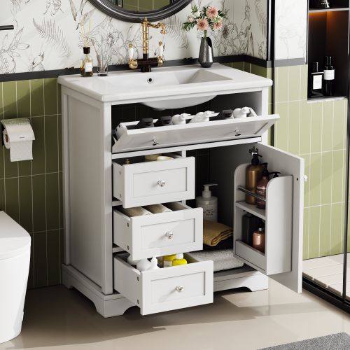 Meuble De Salle De Bain 1 Porte Et 3 Tiroirs Avec Lavabo Intégré Et Étagère Ajustable, Mdf, Blanc