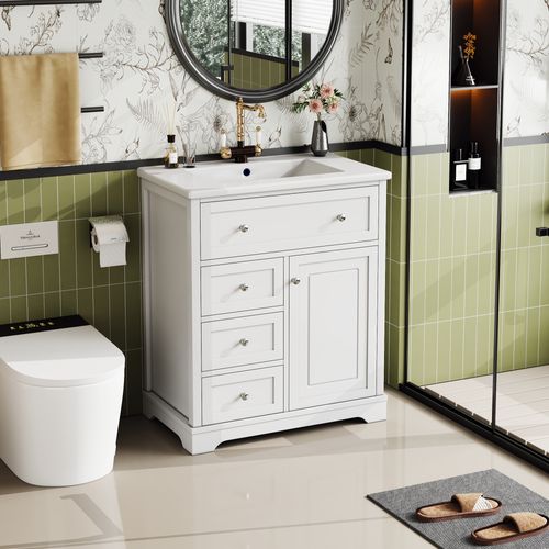 Meuble De Salle De Bain 1 Porte Et 3 Tiroirs Avec Lavabo Intégré Et Étagère Ajustable, Mdf, Blanc