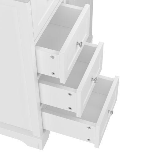 Meuble De Salle De Bain 1 Porte Et 3 Tiroirs Avec Lavabo Intégré Et Étagère Ajustable, Mdf, Blanc