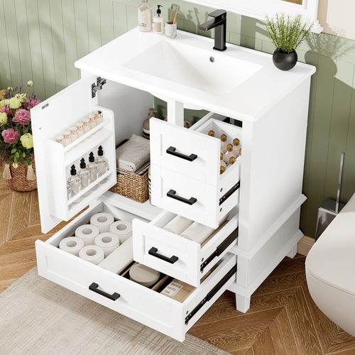 Meuble De Salle De Bain 3 Portes Avec Lavabo Encastré, Mdf + Pin Et Vasque Céramique, Blanc