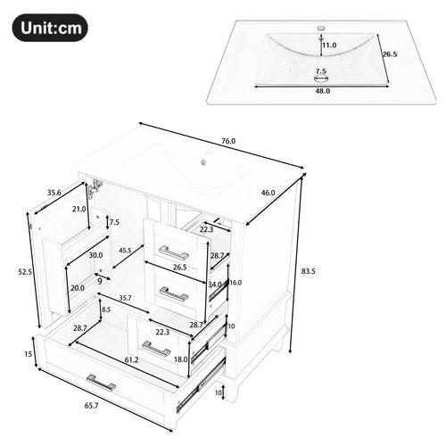 Meuble De Salle De Bain 3 Portes Avec Lavabo Encastré, Mdf + Pin Et Vasque Céramique, Blanc