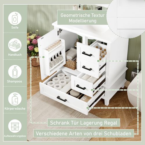 Meuble De Salle De Bain 3 Portes Avec Lavabo Encastré, Mdf + Pin Et Vasque Céramique, Blanc