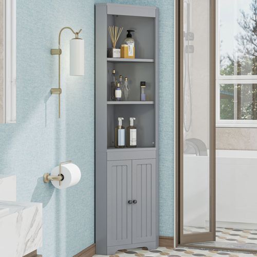 Meuble De Salle De Bain 2 Portes Avec Étagère Ajustable - Structure Mdf - Gris - 49.5x35x170 Cm