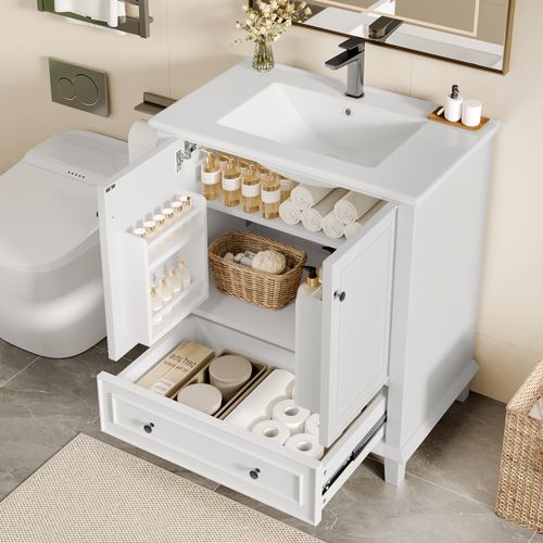 Meuble De Salle De Bain 2 Portes 1 Tiroir Avec Lavabo Intégré, Mdf Et Pieds Bois, Blanc