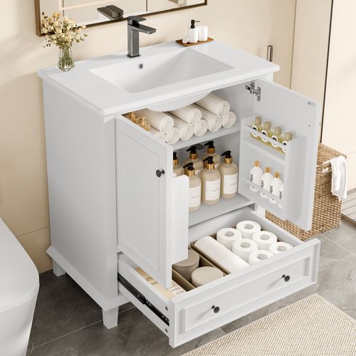 Meuble De Salle De Bain 2 Portes 1 Tiroir Avec Lavabo Intégré, Mdf Et Pieds Bois, Blanc