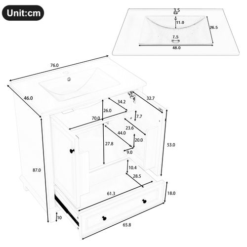 Meuble De Salle De Bain 2 Portes 1 Tiroir Avec Lavabo Intégré, Mdf Et Pieds Bois, Blanc